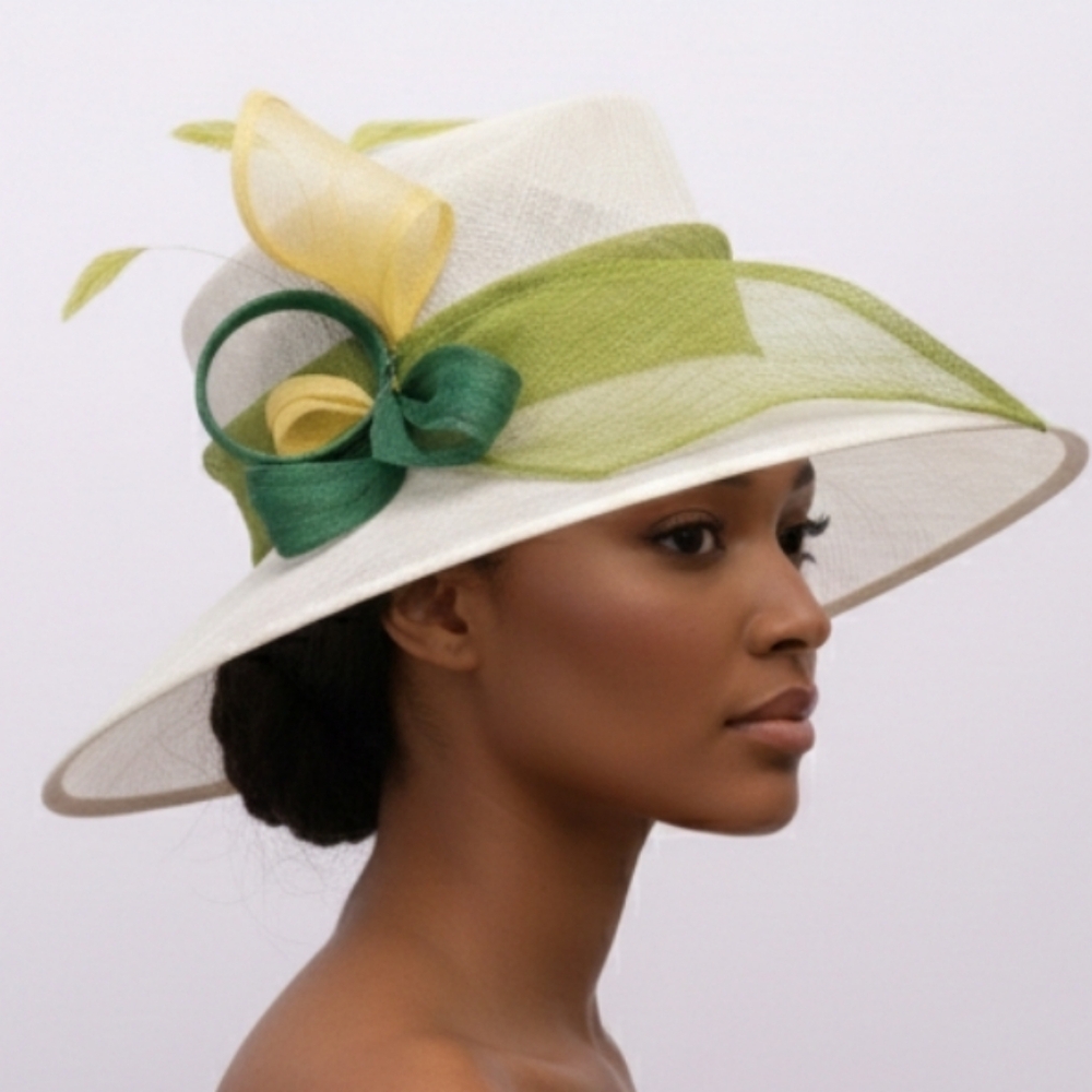 Elegant Couture White Green Yellow Ribbon Women's Hat Spring Derby Summer Church